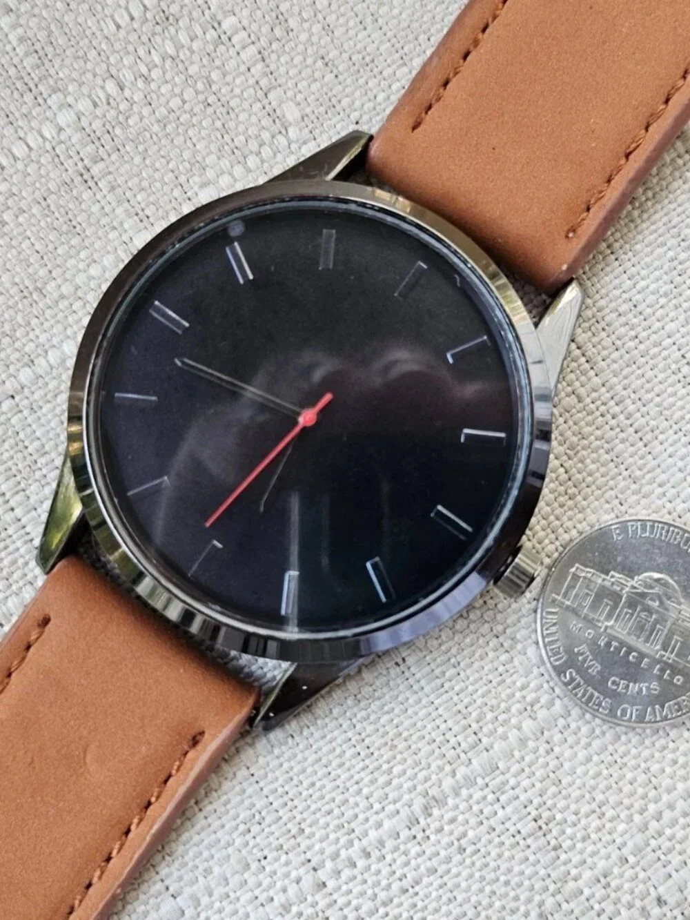 Fashion Men Wristwatch Brown Faux Leather Vegan Strap Quartz Black Face Watch